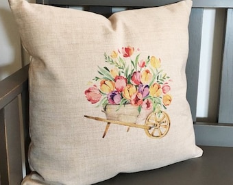 Linen Flower Pillow Cover: Rustic Farmhouse Wheelbarrow Design