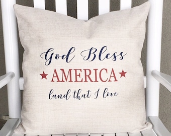 God Bless America Linen Pillow Cover - Rustic Farmhouse 4th of July