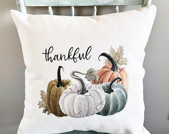 Funda de almohada de lino con diseño de calabaza agradecida - Decoración vintage de otoño