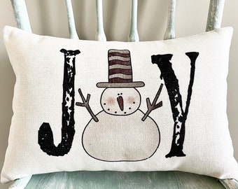Capa de almofada de Natal "Joy" com boneco de neve: decoração rústica de linho para o feriado