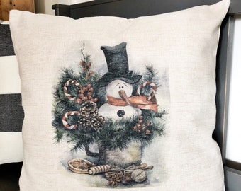 Capa de almofada rústica de linho com boneco de neve de Natal - Decoração de cabana de inverno