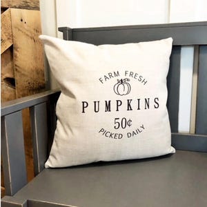 May include: A white throw pillow with black text that reads "Farm Fresh Pumpkins 50¢ Picked Daily" and a black silhouette of a pumpkin with a stem and leaves.