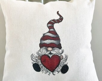 Gnome Heart Linen Pillow Cover - Valentine's Day Holiday Decor