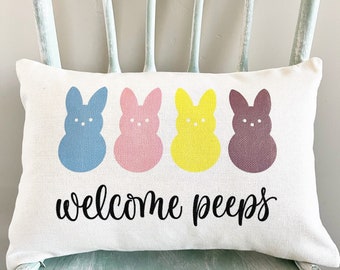 Welcome Peeps Bunny Linen Pillow Cover - Easter Spring Decor