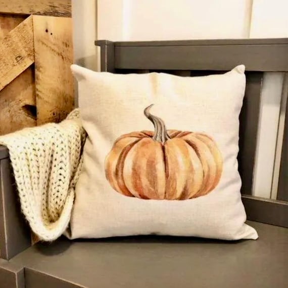 Watercolor Pumpkin Pillow Cover: Linen Fall Farmhouse Decor