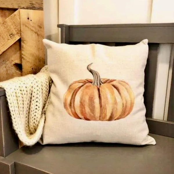 Watercolor Pumpkin Pillow Cover: Linen Fall Farmhouse Decor