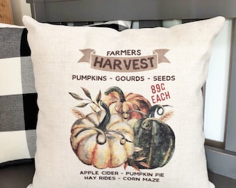 Linen Fall Pillow Cover: Harvest Pumpkin Gourd Design