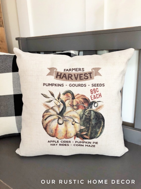 Linen Fall Pillow Cover: Harvest Pumpkin Gourd Design