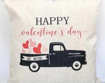 Vintage Truck Valentine's Day Linen Pillow Cover