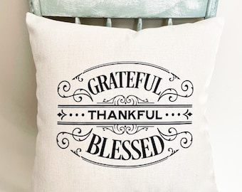 Grateful Thankful Blessed Linen Pillow Cover - Farmhouse Fall Decor
