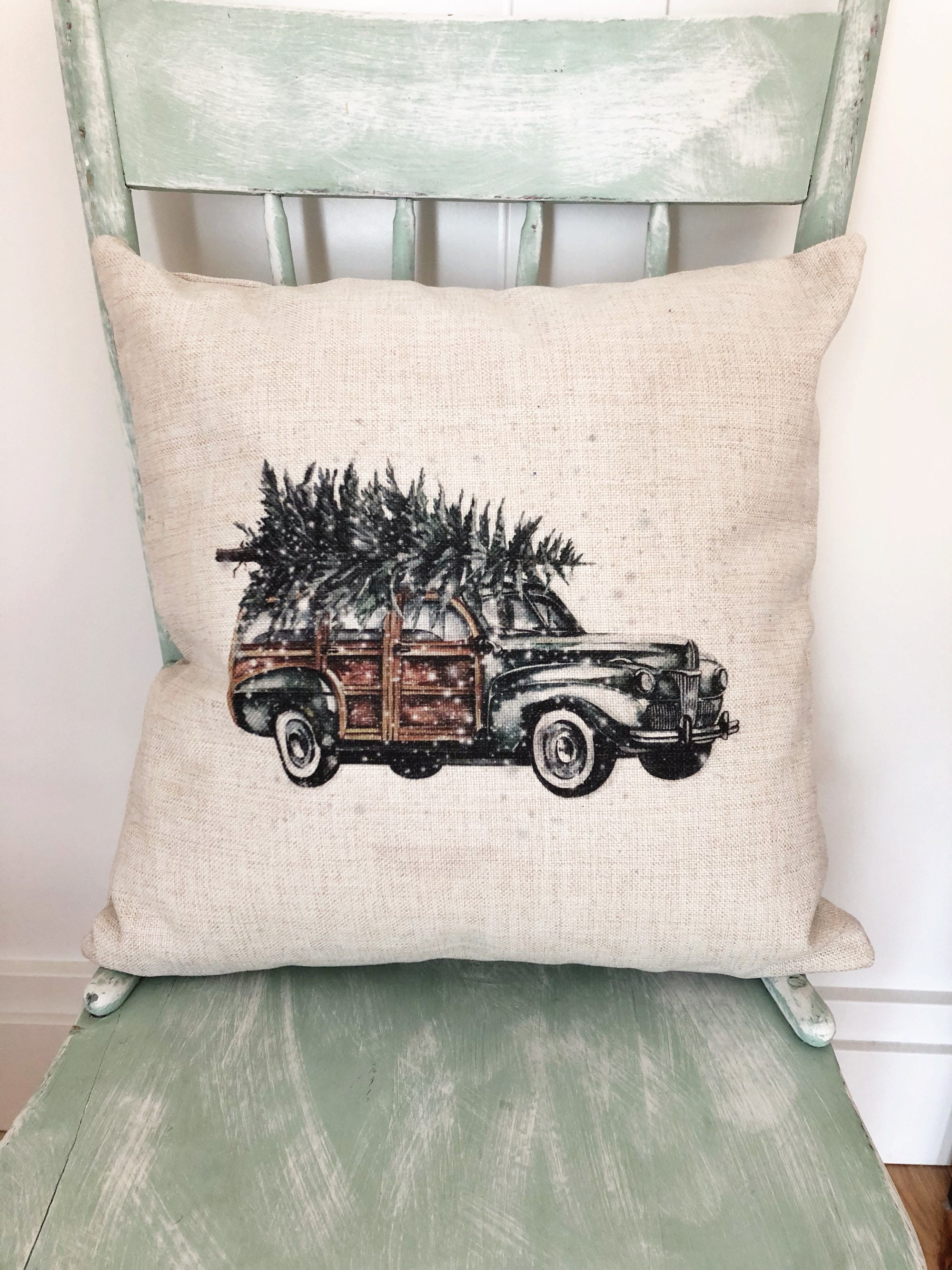 Vintage Christmas Car Pillow Cover Christmas Pillows Snow Etsy