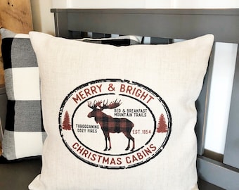 Moose Christmas Cabins Linen Pillow Cover - Farmhouse Winter Decor