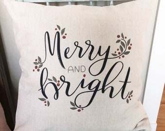 Merry and Bright Christmas Pillow Cover: Rustic Linen Farmhouse Decor