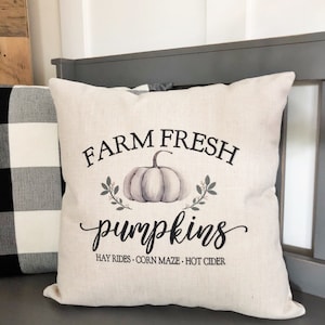 Funda de almohada de lino con diseño de calabaza fresca de granja - Decoración de granja otoñal