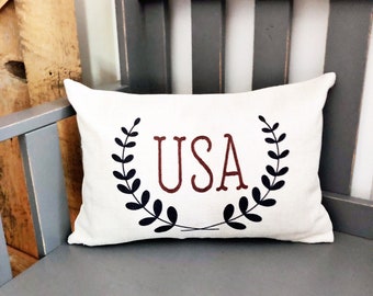 USA Patriotic Linen Pillow Cover: Farmhouse Rustic Decor