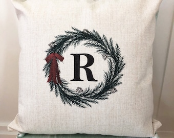 Monogram Christmas Pillow Cover: Linen Farmhouse Wreath Decor