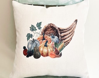 Thanksgiving Cornucopia Pillow Cover: Farmhouse Linen Decor