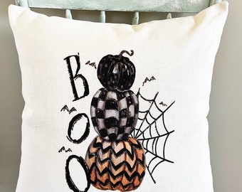 Boo Halloween Pillow Cover: Stacked Pumpkins, Linen Fall Decor