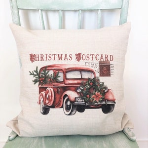 Vintage Car Christmas Pillow Cover: Rustic Linen Holiday Decor