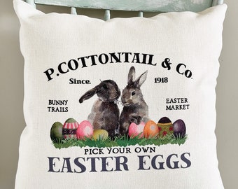 Easter Egg Bunny Linen Pillow Cover: Spring Decor
