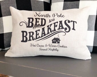 North Pole Bed and Breakfast Linen Christmas Pillow Cover