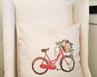 Capa de almofada com estampa de bicicleta e flor de fazenda: almofada de linho rústica