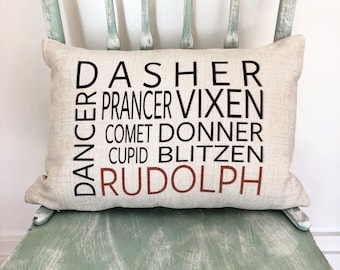 Reindeer Names Christmas Pillow Cover: Rustic Linen Holiday Decor