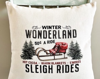 Winter Wonderland Sleigh Linen Pillow Cover - Christmas Cabin Decor