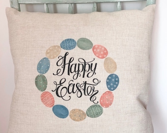 Easter Egg Wreath Pillow Cover: Rustic Linen Spring Decor