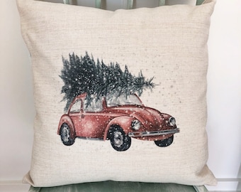 Vintage Bug Christmas Tree Pillow Cover: Rustic Linen Holiday Decor
