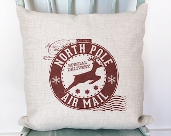 North Pole Christmas Pillow Cover: Linen Farmhouse Decor