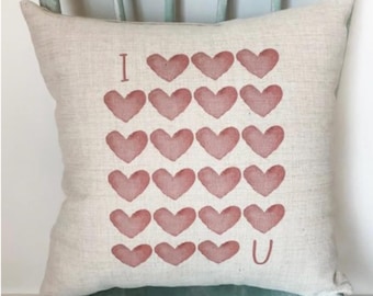 I Love You Hearts Linen Pillow Cover - Valentine's Day Decor