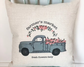 Vintage Truck Flower Pillow Cover: Linen Farmhouse Spring Decor