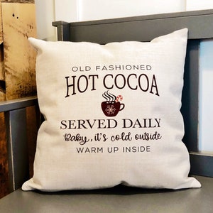 Hot Cocoa Served Daily Linen Pillow Cover - Farmhouse Christmas Decor