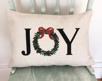 Joy Christmas Wreath Pillow Cover - Oatmeal Linen Farmhouse Decor