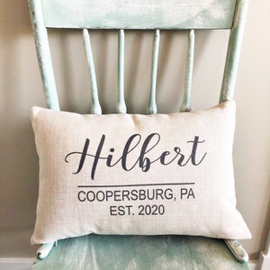 May include: A beige linen cushion with black text that reads "Hilbert Coopersburg, PA Est. 2020" on a light green painted chair.