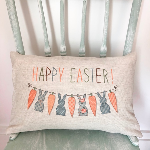 Happy Easter Bunting Bunny Pillow Cover - Easter Pillow Covers - Spring Pillows - Happy Easter Decor - Spring Decor Throw Pillows