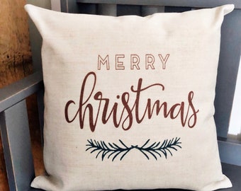 Merry Christmas Linen Pillow Cover - Rustic Farmhouse Decor