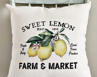 Lemon Pillow Cover: Farmhouse Summer Decor, Rustic Linen Throw