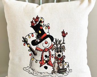 Snowman Linen Pillow Cover: Rustic Christmas Cabin Decor