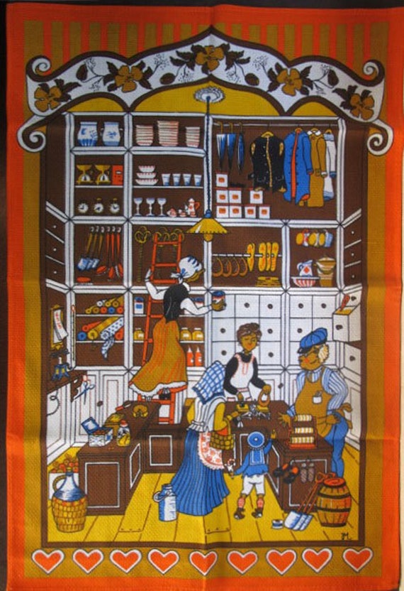 Vintage Karsten Tea Towel Retro Kitsch Orange Shop Scene Etsy