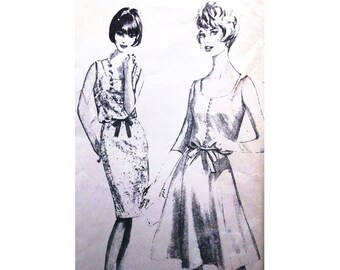 May include: A black and white illustration of two women wearing sleeveless dresses. The dress on the left has a fitted silhouette and a bow at the waist. The dress on the right has a full skirt and a button-up bodice.