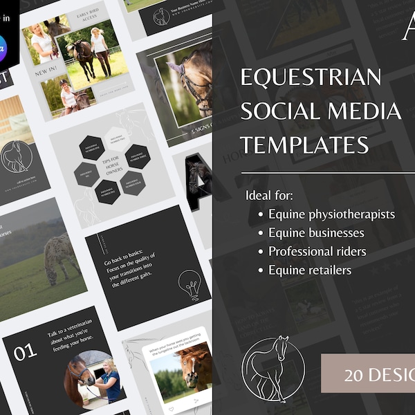 Equestrian Social Media Post Templates | 20 Horse Themed Designs | Editable in Canva | Equine Therapists, Horse Riders & Equine Retailers