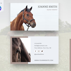 Ontwerpsjabloon voor paardentherapeut-visitekaartjes - Bewerkbare sjabloon voor paardenvisitekaartjes voor Canva | Paardensport visitekaartje