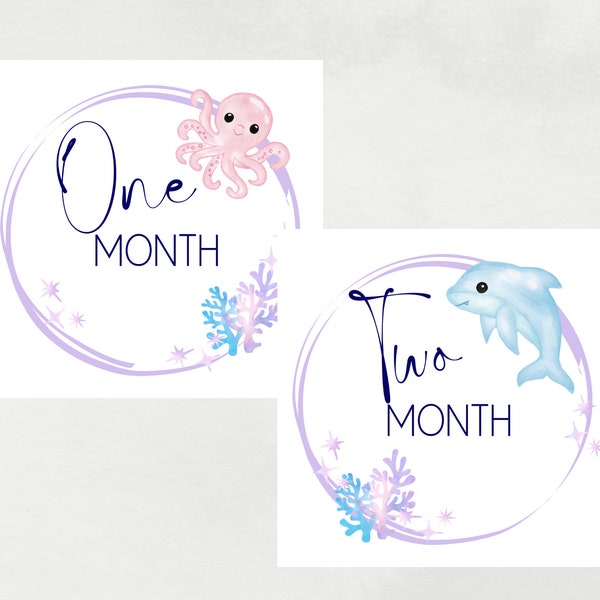 Keepsake Milestone Set of 12 Cards Monthly Cards, Under The Sea, Nursery Decor Set, Baby shower Gift, Watercolour, New Born Digital Download