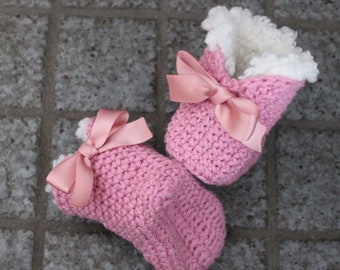 Crochet Baby Booties With Sherpa Fur And Satin Bow Etsy