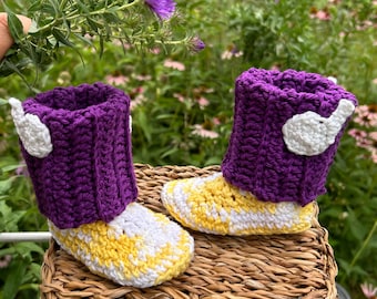Crochet Minnesota Vikings Baby Booties: Glow-in-the-Dark Flat Horns, 100% Cotton