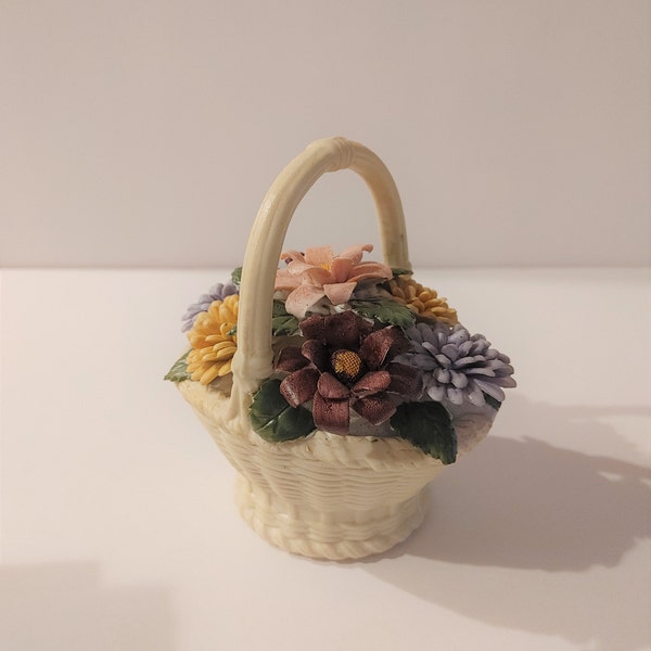 Vintage 1980 Avon Exclusive, Hand Painted Porcelain Bisque Basket Full of Flowers Collectible Figurine