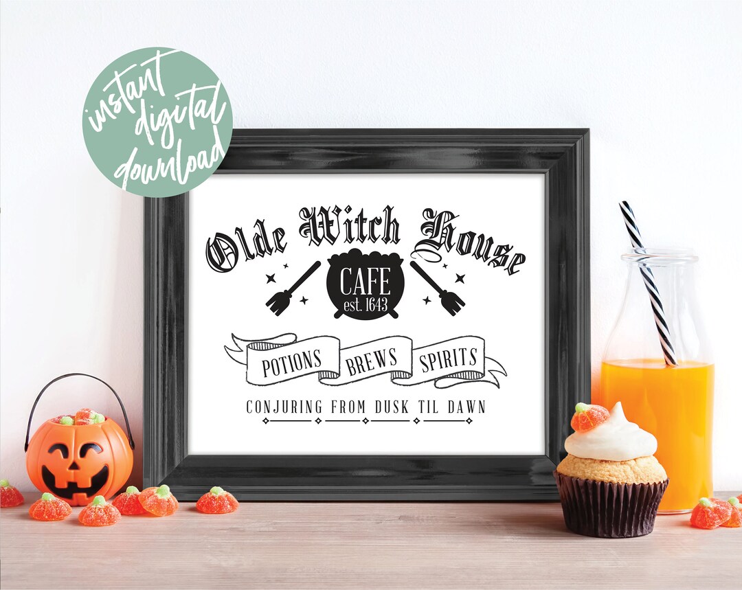 Olde Witch Cafe Printable Sign, Farmhouse Halloween Coffee Witch Decor