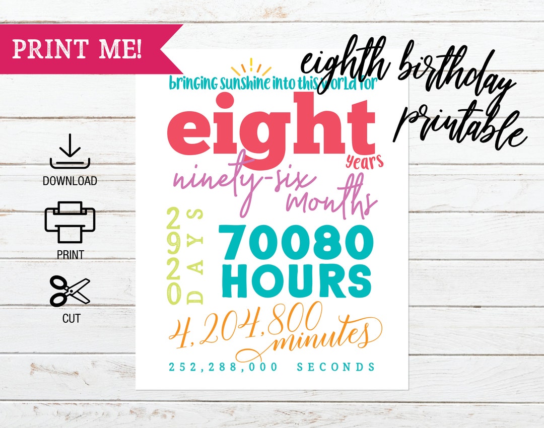 Printable Eighth Birthday Sign, 8th Birthday Picture Prop, Birthday ...